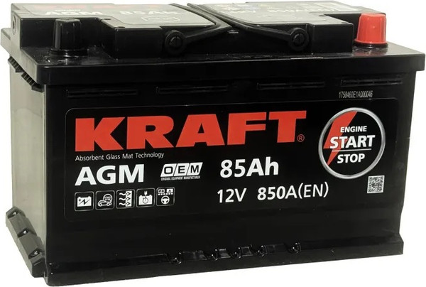 Изображение товара Автомобильный аккумулятор KrafT AGM R+ 850A / AGM-L4 (85 А/ч)