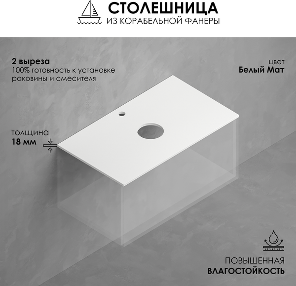 Изображение товара Столешница для тумбы в ванную Oliveeka 2 выреза / T795C2 (белый)