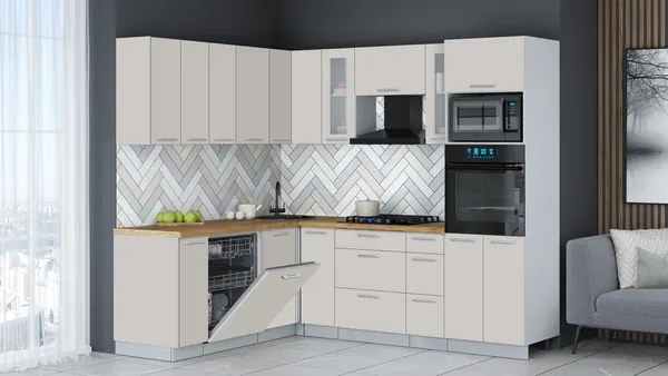 Изображение товара Кухонный гарнитур Interline Мила Gloss 1.896х2.38 (кашемир/кашемир/дуб бунратти)