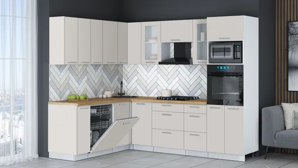 Изображение товара Кухонный гарнитур Interline Мила Gloss 1.896х2.58  (кашемир/кашемир/дуб бунратти)