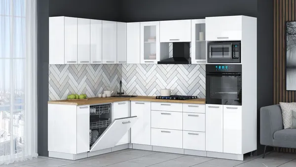 Изображение товара Кухонный гарнитур Interline Мила Gloss 1.896х2.58  (белый глянец/белый глянец/дуб бунратти)