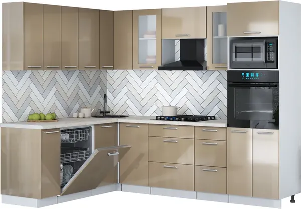Изображение товара Кухонный гарнитур Interline Мила Gloss 1.896х2.58 (капучино глянец/капучино глянец/бискайская сосна)