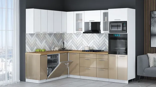 Изображение товара Кухонный гарнитур Interline Мила Gloss 1.896х2.58 (капучино глянец/белый/дуб бунратти)