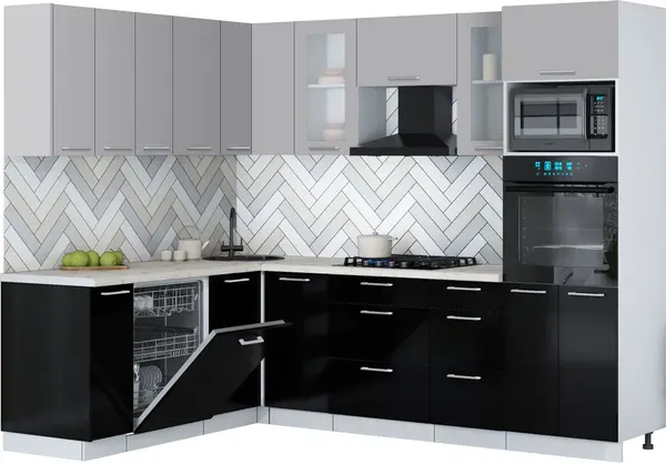 Изображение товара Кухонный гарнитур Interline Мила Gloss 1.896х2.58 (черный глянец/грей/бискайская сосна)