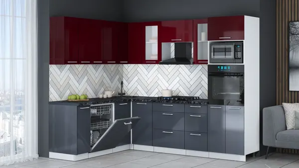 Изображение товара Кухонный гарнитур Interline Мила Gloss 1.896х2.58 (асфальт глянец/бордовый глянец/кастилло темный)