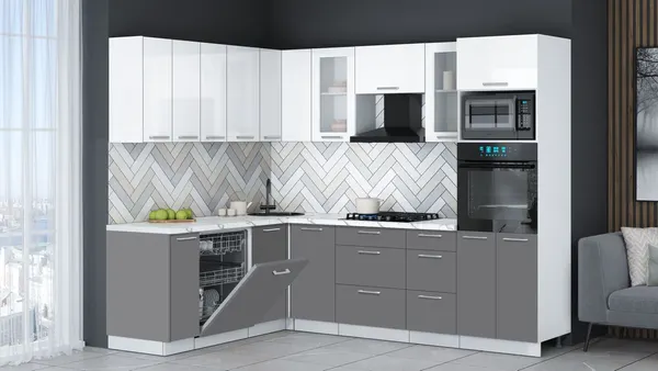 Изображение товара Кухонный гарнитур Interline Мила Gloss 1.896х2.58 (серый/белый глянец/белый гранит)