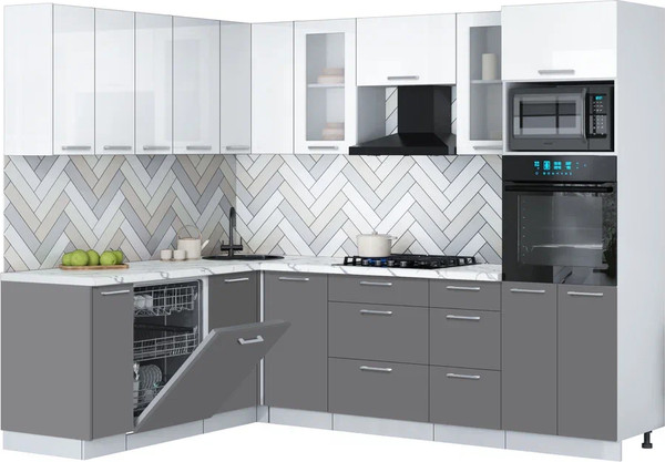 Изображение товара Кухонный гарнитур Interline Мила Gloss 1.896х2.58 (серый/белый глянец/белый гранит)
