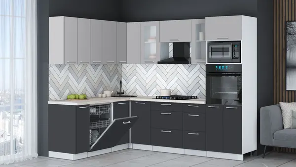 Изображение товара Кухонный гарнитур Interline Мила Gloss 1.896х2.58 (пепел/грей/травертин серый)