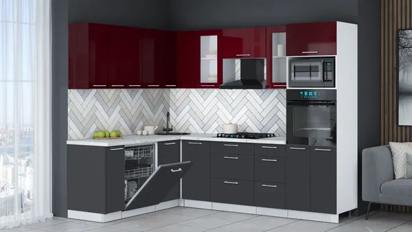 Изображение товара Кухонный гарнитур Interline Мила Gloss 1.896х2.58 (пепел/бордовый глянец/серый каспий)