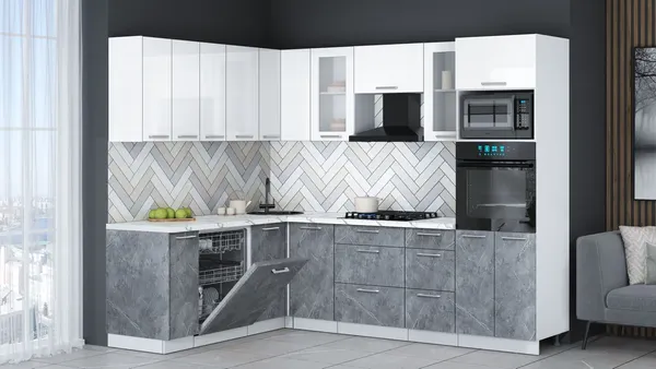 Изображение товара Кухонный гарнитур Interline Мила Gloss 1.896х2.58  (керамика/белый глянец/белый гранит)