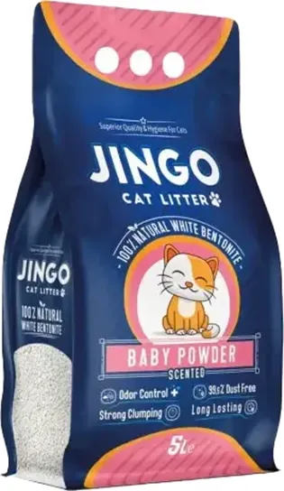 Изображение товара Наполнитель для туалета Jingo Бентонит комкующийся Baby Powder с цветными гранулами (5л)