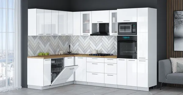 Изображение товара Кухонный гарнитур Interline Мила Gloss 1.896х2.88 (белый глянец/белый глянец/дуб бунратти)