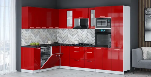 Изображение товара Кухонный гарнитур Interline Мила Gloss 1.896х2.98  (красный глянец/красный глянец/кастилло темный)