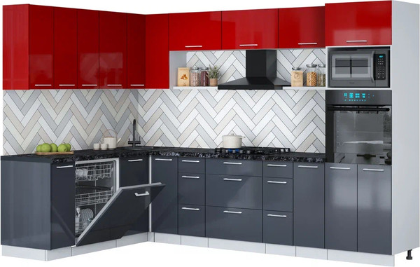 Изображение товара Кухонный гарнитур Interline Мила Gloss 1.896х2.98-2 (асфальт глянец/красный глянец/кастилло темный)