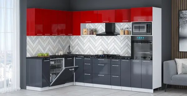 Изображение товара Кухонный гарнитур Interline Мила Gloss 1.896х2.98-2 (асфальт глянец/красный глянец/кастилло темный)