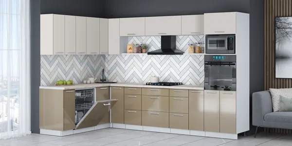 Изображение товара Кухонный гарнитур Interline Мила Gloss 1.896х3.18 (капучино глянец/кашемир/травертин серый)