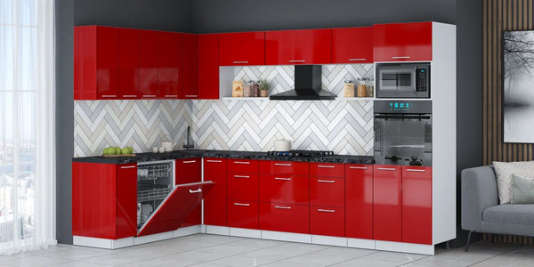 Изображение товара Кухонный гарнитур Interline Мила Gloss 1.896х3.18  (красный глянец/красный глянец/кастилло темный)