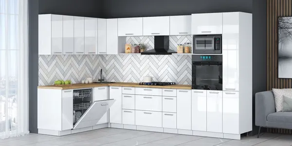 Изображение товара Кухонный гарнитур Interline Мила Gloss 1.896х3.28  (белый глянец/белый глянец/дуб бунратти)
