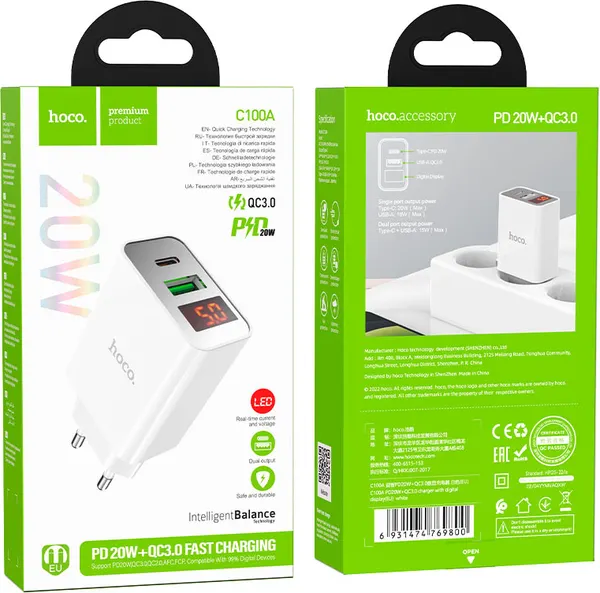 Изображение товара Адаптер питания сетевой Hoco C100A 20W USB A+C (белый)