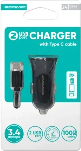 Изображение товара Зарядное устройство автомобильное Atomic Linx C240 с кабелем USB A-C / 20.102 (черный)