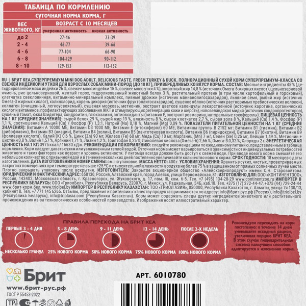 Изображение товара Сухой корм для собак Брит Кеа Mini Adult Delicious Taste с инд. и уткой д/приверед./ 6010780 (400г)