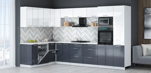 Изображение товара Кухонный гарнитур Interline Мила Gloss 1.896х3.38 (асфальт глянец/белый глянец/белый гранит)