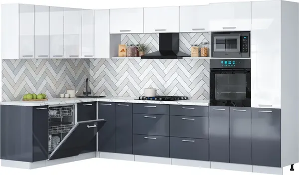 Изображение товара Кухонный гарнитур Interline Мила Gloss 1.896х3.38 (асфальт глянец/белый глянец/белый гранит)
