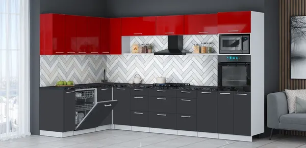 Изображение товара Кухонный гарнитур Interline Мила Gloss 1.896х3.38-2 (пепел/красный глянец/кастилло темный)