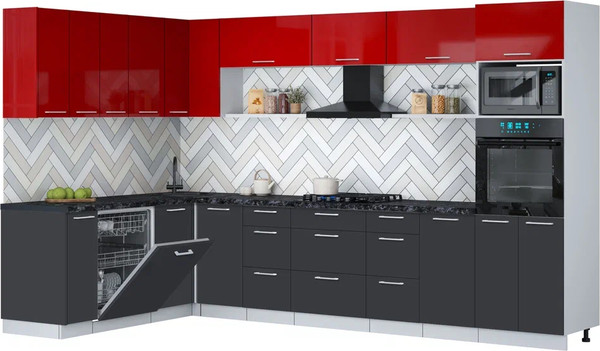 Изображение товара Кухонный гарнитур Interline Мила Gloss 1.896х3.38-2 (пепел/красный глянец/кастилло темный)