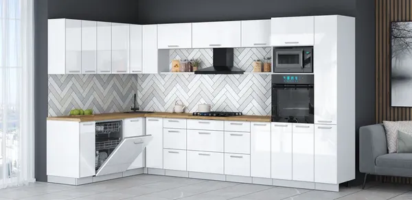 Изображение товара Кухонный гарнитур Interline Мила Gloss 1.896х3.48 (белый глянец/белый глянец/дуб бунратти)