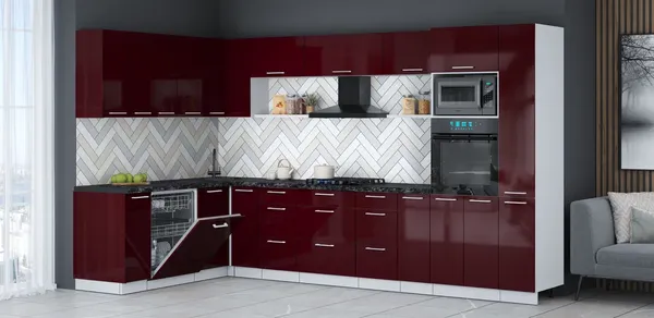 Изображение товара Кухонный гарнитур Interline Мила Gloss 1.896х3.48 (бордовый глянец/бордовый глянец/кастилло темный)