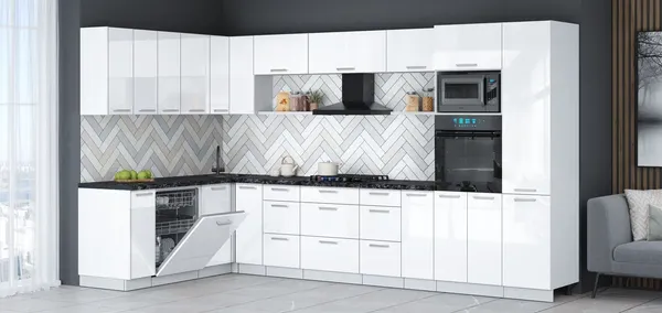 Изображение товара Кухонный гарнитур Interline Мила Gloss 1.896х3.58  (белый глянец/белый глянец/кастилло темный)