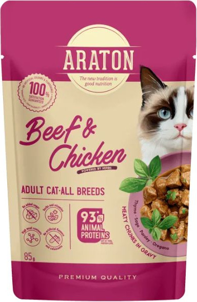 Изображение товара Влажный корм для кошек Araton Adult Кусочки в соусе с говядиной и курицей (12x85г)