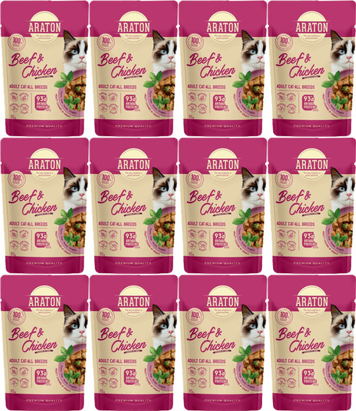 Изображение товара Влажный корм для кошек Araton Adult Кусочки в соусе с говядиной и курицей (12x85г)