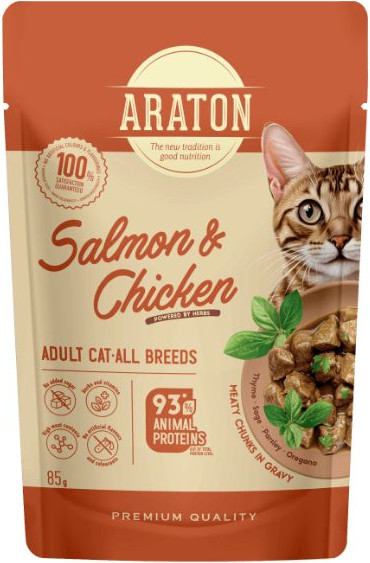 Изображение товара Влажный корм для кошек Araton Adult Кусочки в соусе с лососем и курицей (12x85г)