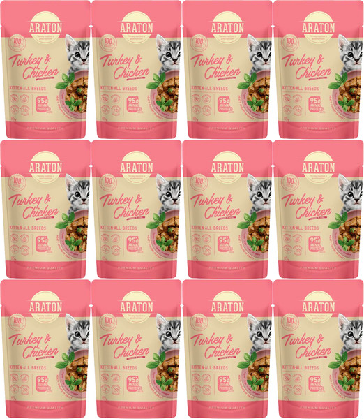Изображение товара Влажный корм для кошек Araton Kitten Кусочки в соусе с индейкой и курицей (12x85г)