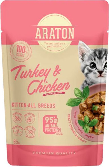 Изображение товара Влажный корм для кошек Araton Kitten Кусочки в соусе с индейкой и курицей (12x85г)