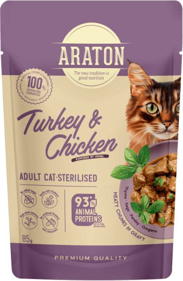 Изображение товара Влажный корм для кошек Araton Sterilised Adult Кусочки в соусе индейкой и курицей (12x85г)