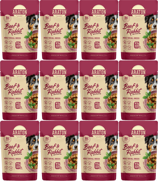Изображение товара Влажный корм для собак Araton Adult Кусочки в соусе с говядиной и кроликом (12x85г)
