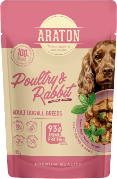 Изображение товара Влажный корм для собак Araton Adult Кусочки в соусе с мясом птицы и кроликом (12x85г)