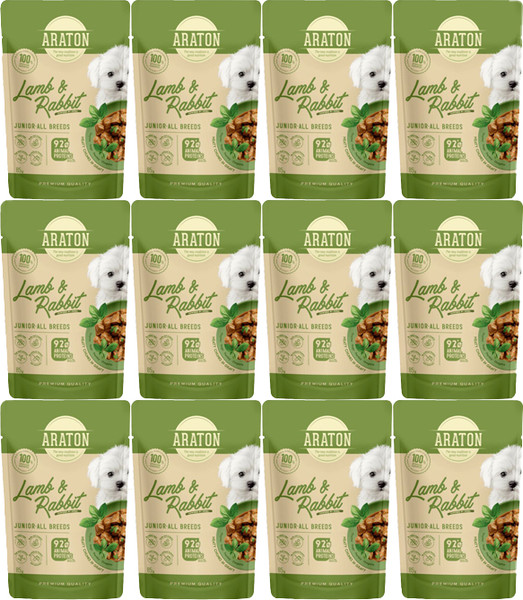 Изображение товара Влажный корм для собак Araton Junior Кусочки в соусе с ягненком и кроликом (12x85г)