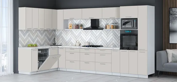 Изображение товара Кухонный гарнитур Interline Мила Gloss 1.896х3.88 (кашемир/кашемир/белый гранит)