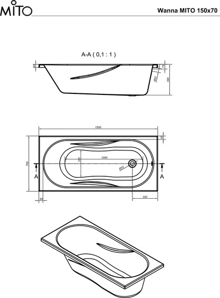 Изображение товара Ванна акриловая Cersanit Mito Red 150x70 WP-MITO_RED-150-W с сифоном Prime 64287 (без ножек, сифон черный)
