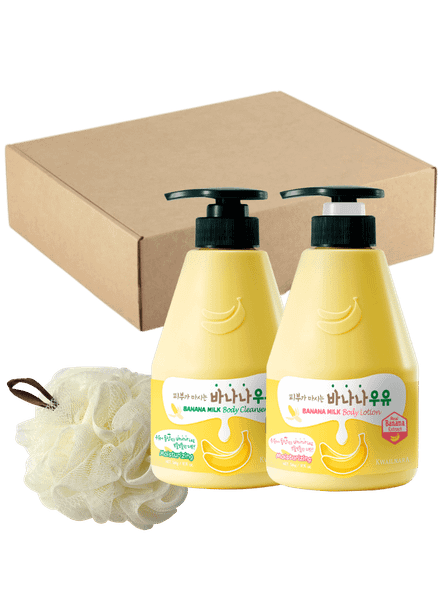 Изображение товара Набор косметики для тела Welcos Kwailnara Banana Milk Гель для душа+Лосьон+мочалка (2x560мл)