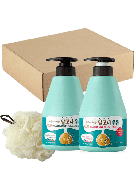 Изображение товара Набор косметики для тела Welcos Kwailnara Dalgona Milk Гель для душа+Лосьон+мочалка (2x560мл)