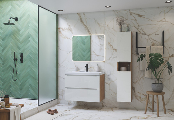 Изображение товара Тумба для ванной ЗОВ Дион 70 со столешницей T695C2 / D70LHO0M9003GKV5 (белый глянцевый/дуб)