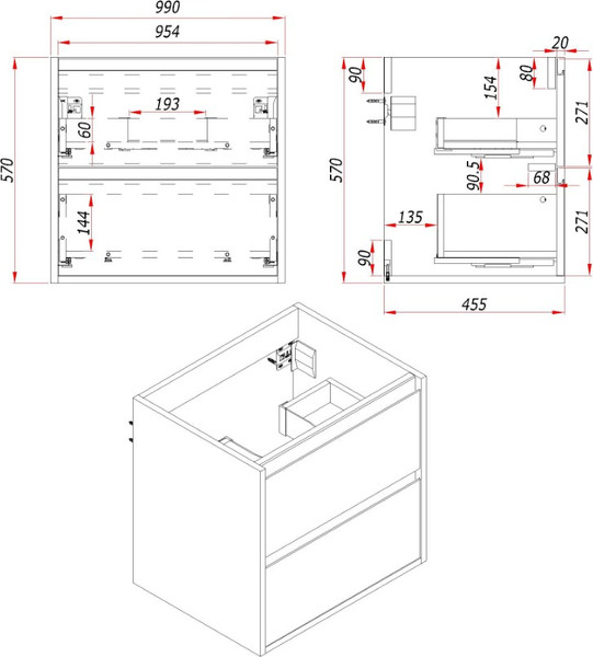 Изображение товара Тумба для ванной ЗОВ Парма 100 со столешницей T995C2 / P100LWP0MWMC1B (белый матовый)