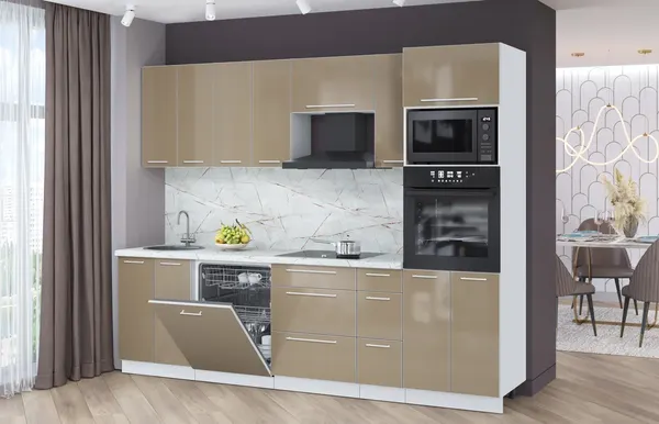 Изображение товара Кухонный гарнитур Interline Пластик 2.7-ПМ1  (капучино глянец/капучино глянец/серый каспий)