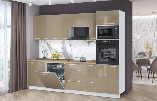 Изображение товара Кухонный гарнитур Interline Пластик 2.7-ПМ1  (капучино глянец/капучино глянец/дуб бунратти)