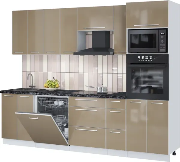 Изображение товара Кухонный гарнитур Interline Пластик 2.7-ПМ1  (капучино глянец/капучино глянец/кастилло темный)